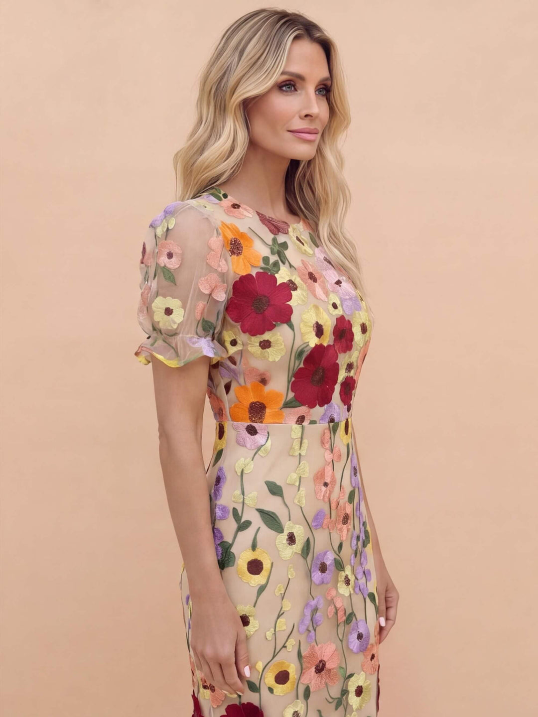 Stylish women's floral applique midi dress in beige, an elegant choice for summer fashion & events.