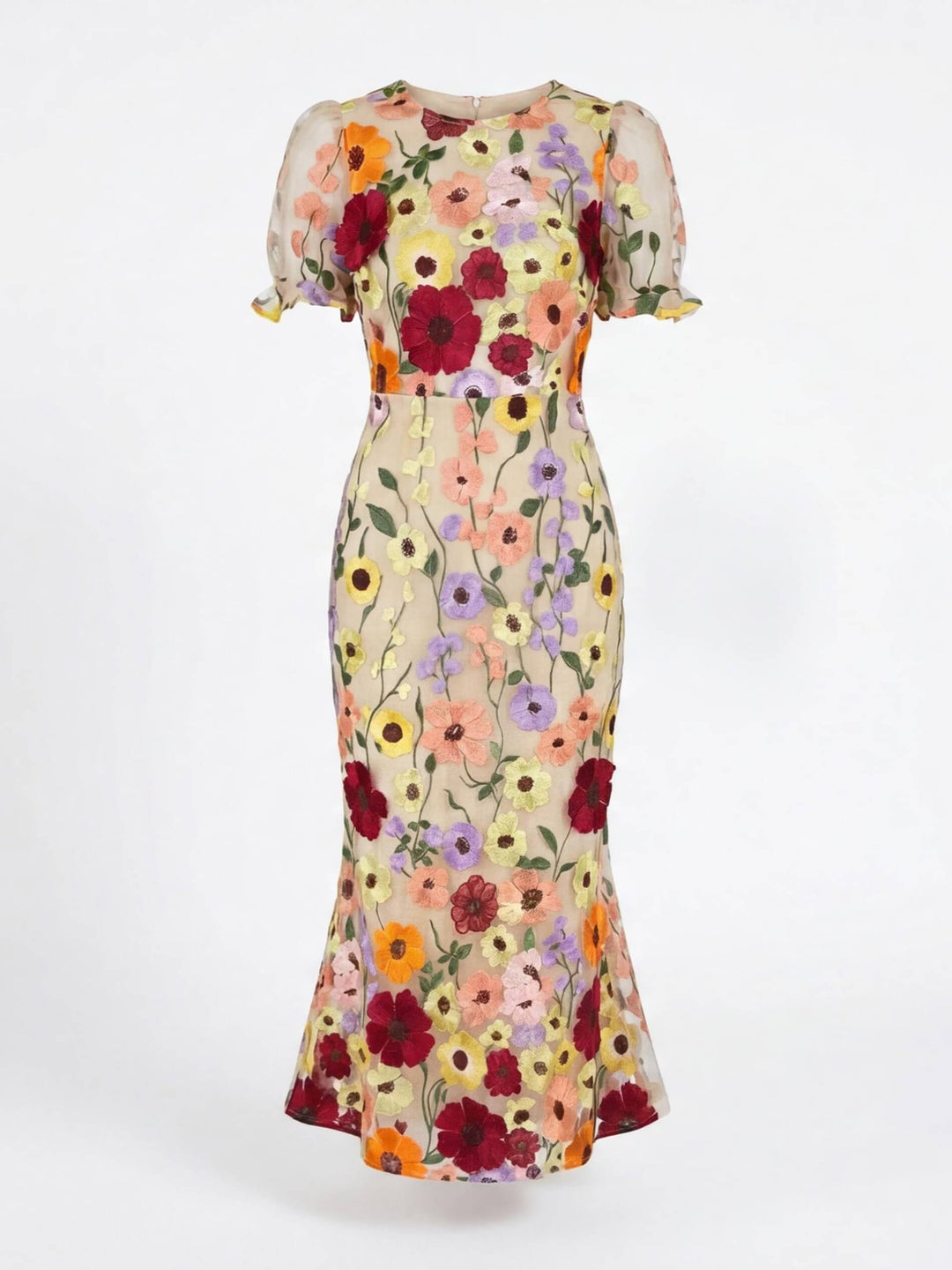 Women's elegant midi dress featuring delicate floral appliques, great for wedding guests & summer parties.