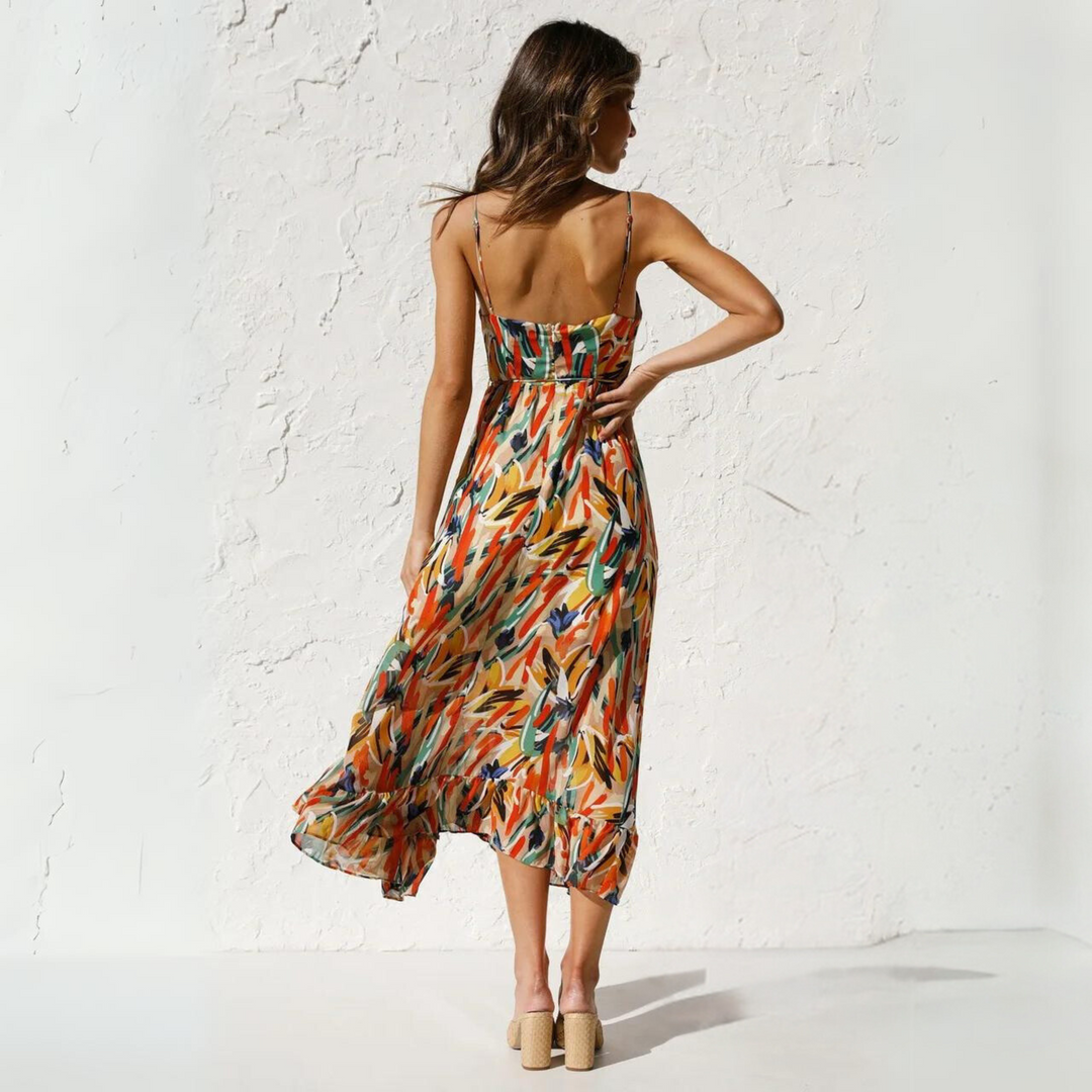 Women's casual V-neck printed backless midi dress, an elegant choice for summer outings & vacation fashion.