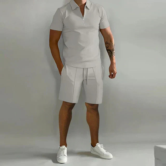 Stylish men's summer polo shirt with matching shorts. Luxury two-piece set, perfect for casual & resort wear.