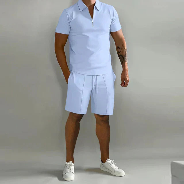 Comfortable men's luxury summer polo and shorts set. Versatile casual wear, ideal for elegant warm weather outfits.