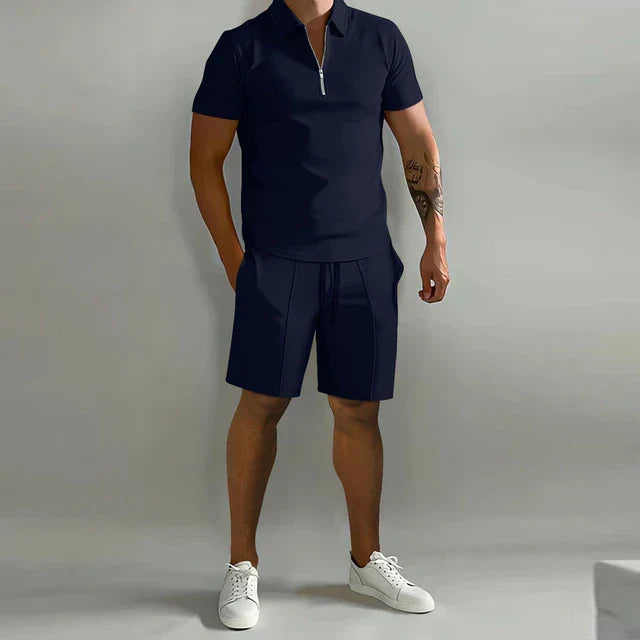 Close-up of premium fabric on men's luxury summer polo & shorts set. Comfortable, elegant style for warm weather.