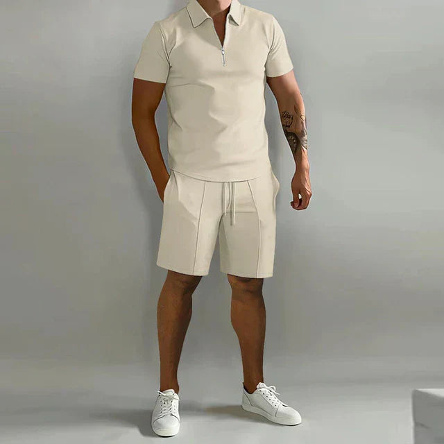 Men's versatile summer polo & shorts set for a sophisticated casual look. Elegant two-piece outfit for warm weather.