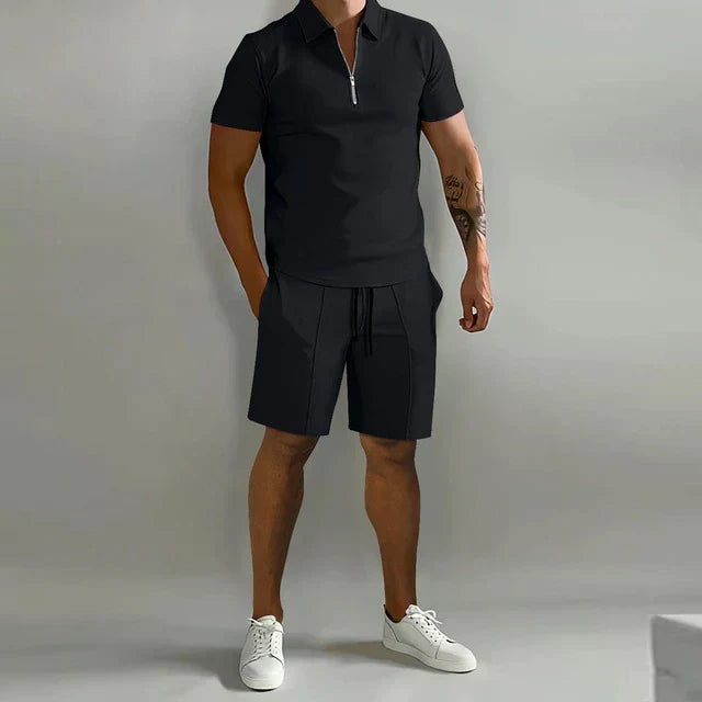 Full shot of men's luxury summer polo & shorts set, showcasing comfortable fit for stylish resort and casual wear.