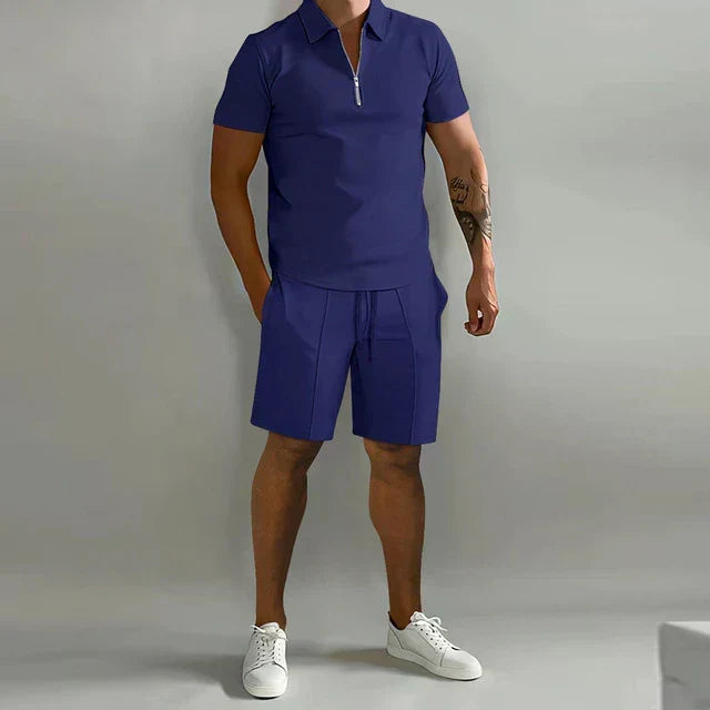 Elegant men's luxury summer polo and shorts set. A comfortable two-piece outfit, perfect for stylish warm weather fashion.