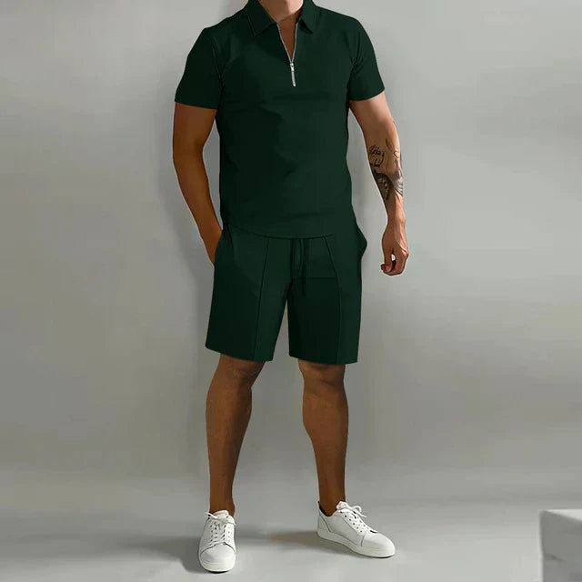 Men's comfortable luxury summer polo and shorts set. Ideal two-piece casual wear for versatile and elegant warm weather.