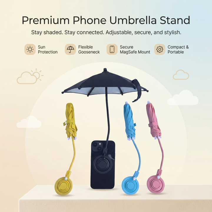 Portable phone umbrella sun shade with a flexible gooseneck stand, great for outdoor use.