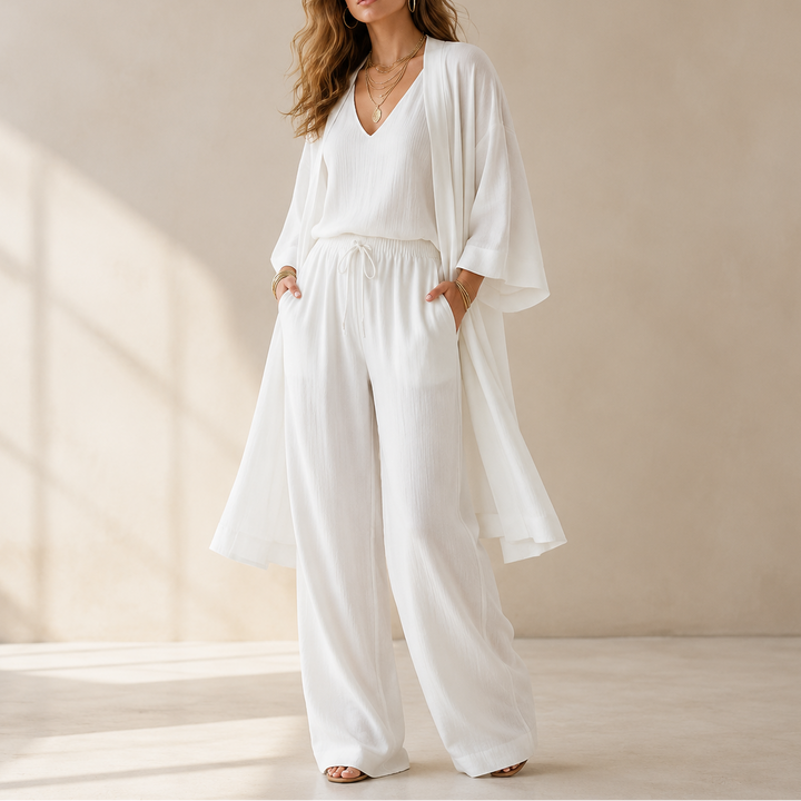 Women's 3-piece loungewear set: wide leg pants, duster cardigan & cami top. Comfy & stylish relaxed wear.