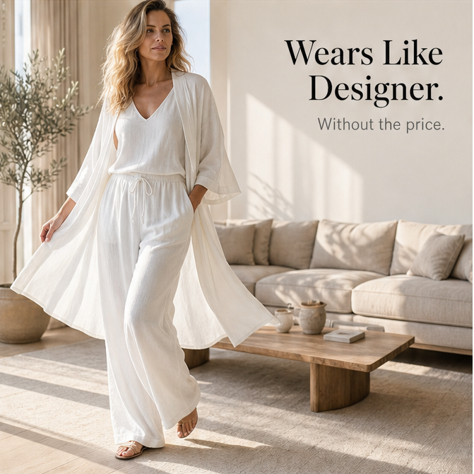 Women's 3-piece loungewear for relaxing at home. Wide leg pants, duster cardigan, and cami set.
