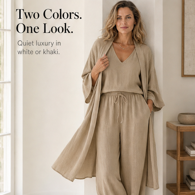 Elegant women's 3-piece home attire set. Wide leg pants, duster cardigan & cami top for relaxed style.