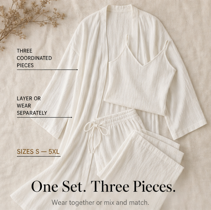 Women's wide leg pants loungewear set. Includes a flowing duster cardigan & a comfy cami top.