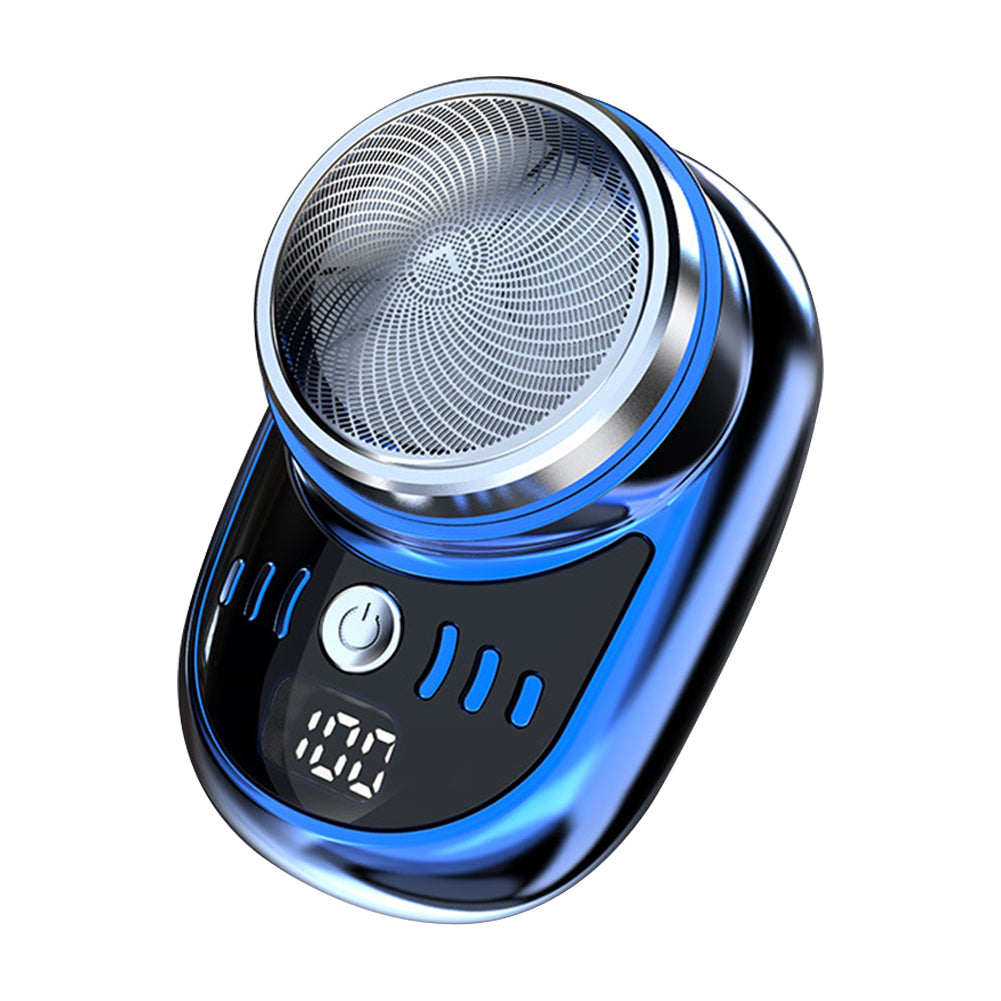 Hand holding a men's cordless electric razor. Waterproof design, rechargeable for a smooth face shave.