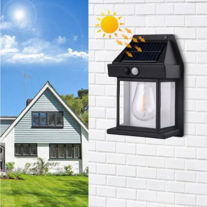 Modern outdoor solar wall lamp, weather-resistant for garden or patio. Energy-saving LED lighting with automatic sensor.