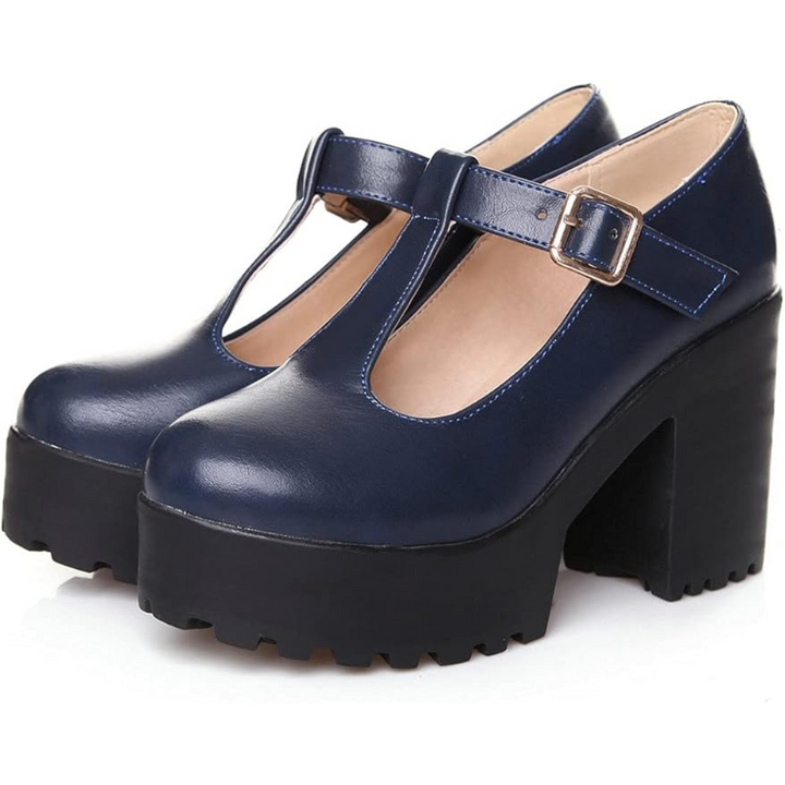 Durable women's chunky platform T-strap heels, vintage Mary Jane style for retro & formal events.