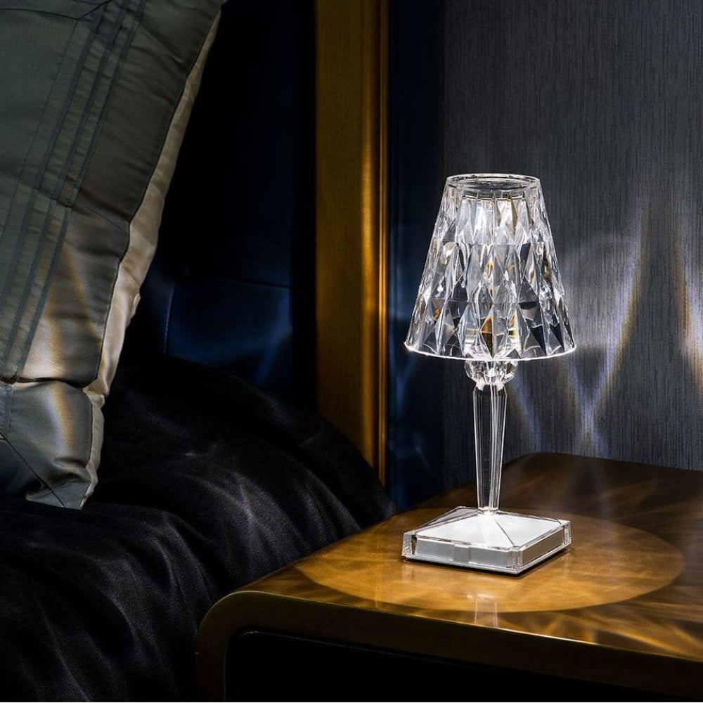 Rechargeable crystal LED table lamp, elegant design with touch dimmable function. Stylish home & garden lighting.
