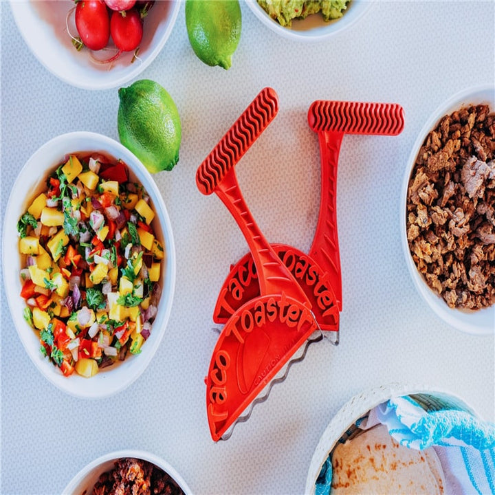 Crispy taco shell maker, toaster insert for healthy, oil-free tacos. Red kitchen gadget for quick taco night meals.