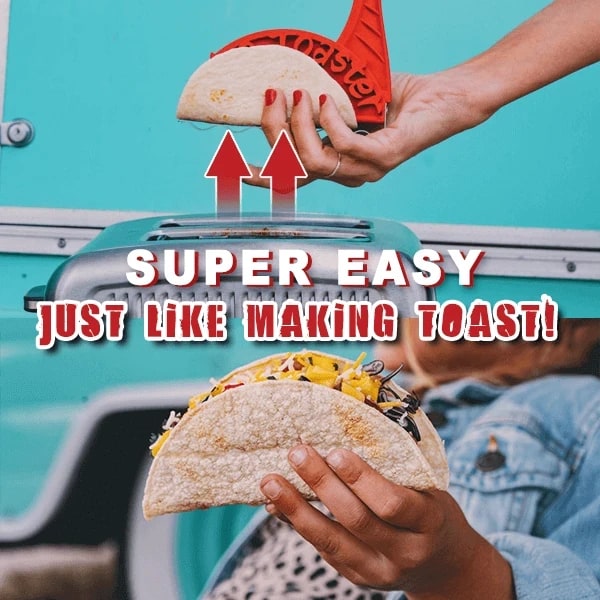 Compact red taco toaster insert. Makes crispy, oil-free taco shells in any toaster. Great for small kitchens.