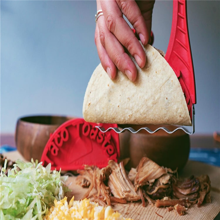 Easy-to-use red Kitchen Taco Toaster Shell Maker for crispy, oil-free shells. Essential kitchen gadget for food prep.