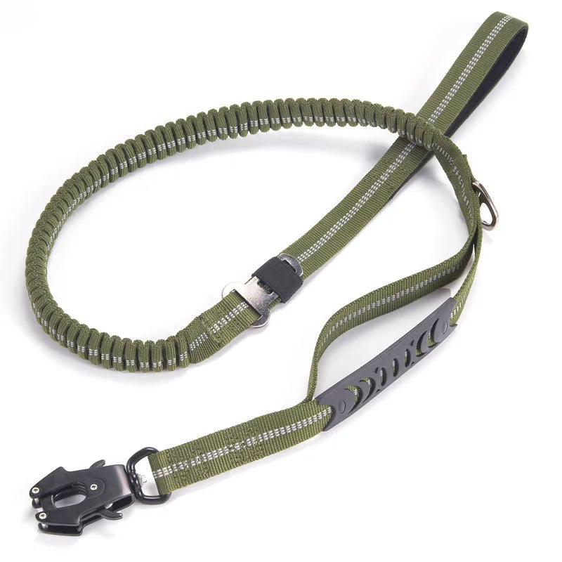 Tactical K9 bungee dog leash, heavy duty with reflective stitching & dual handles for safety & control.