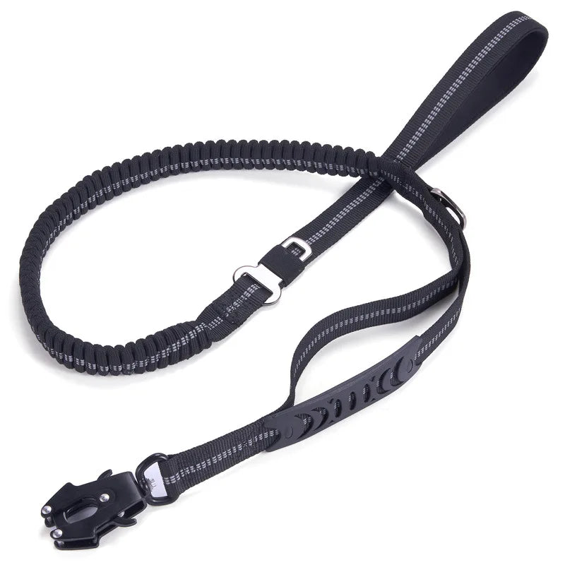 Strong, heavy-duty bungee dog leash for large dogs, features dual handles. Perfect for training & car safety.