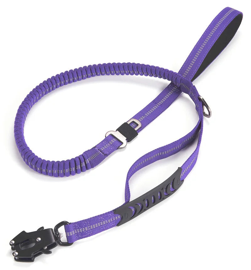 Bungee dog leash for large dogs, heavy-duty tactical design with shock absorption & dual control handles.