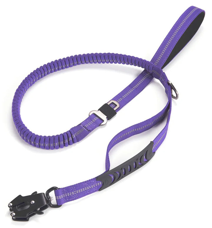 Bungee dog leash for large dogs, heavy-duty tactical design with shock absorption & dual control handles.