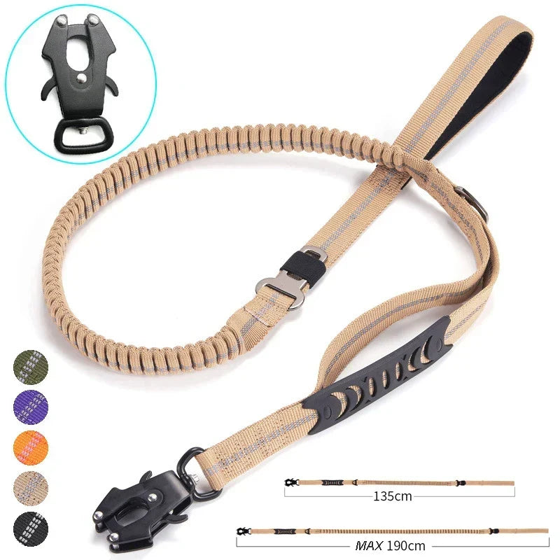 Tactical heavy-duty dog training leash with bungee design & dual control handles for strong, large breeds.
