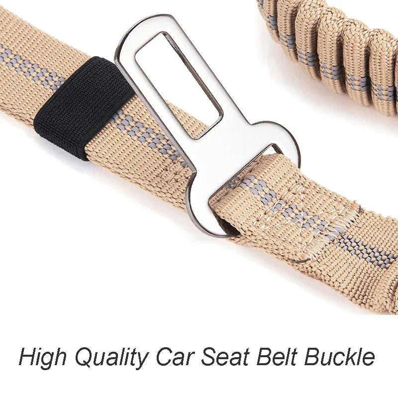 Tactical heavy-duty bungee dog leash, doubles as car leash. Reflective & dual handles ensure pet safety.