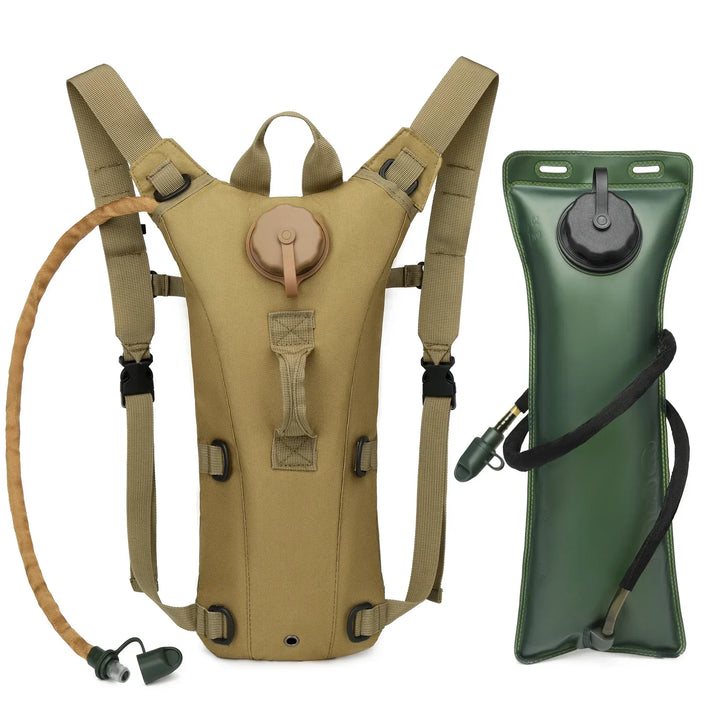 Unisex tactical hydration pack with 3L water bladder, perfect for hiking, cycling, & camping.
