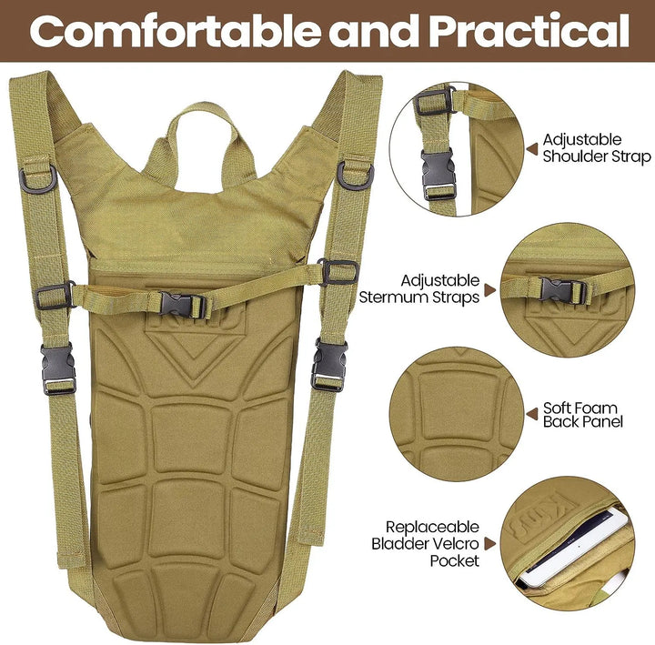Versatile unisex tactical hydration pack with 3-liter bladder, an essential for outdoor gear.