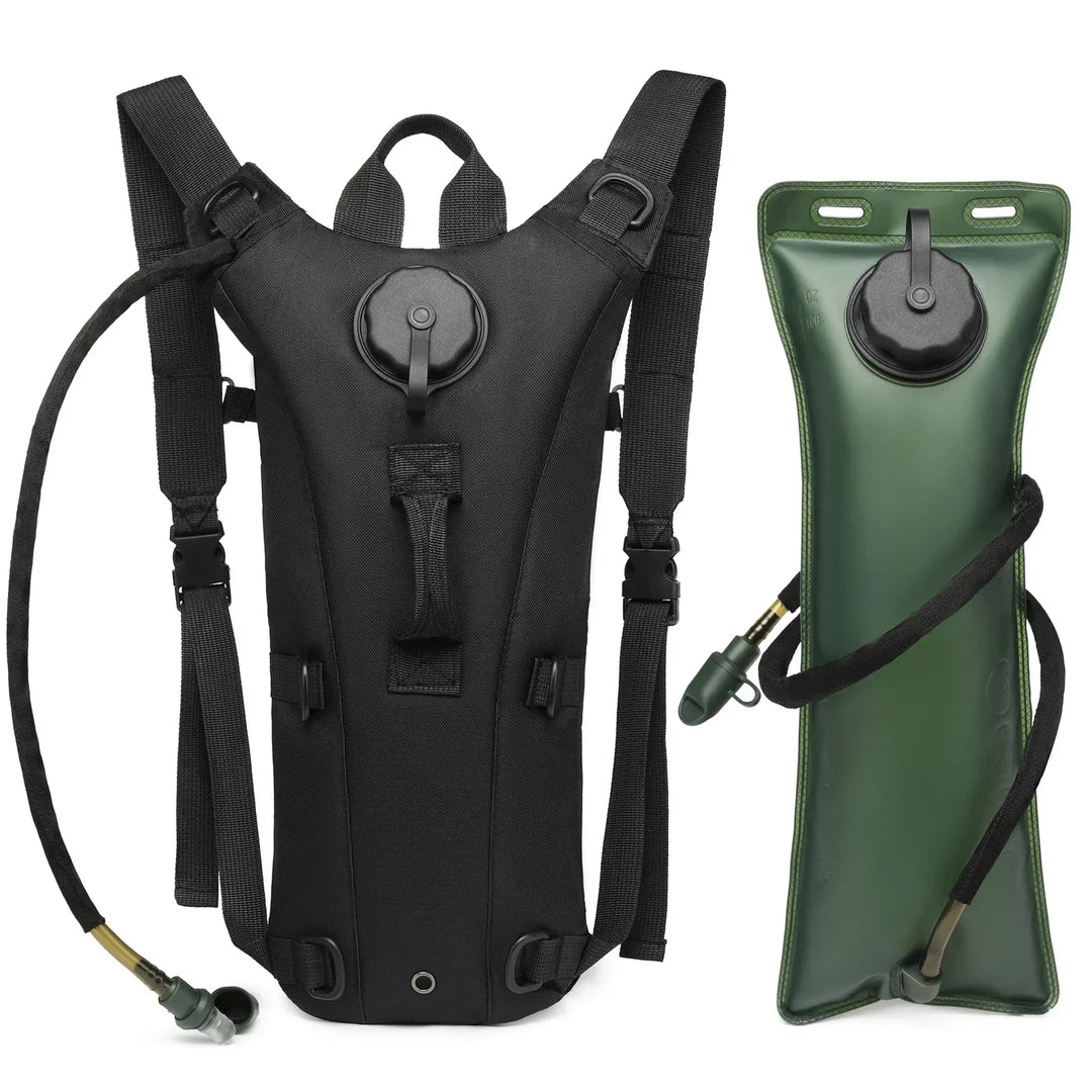 Tactical hydration pack featuring a 3-liter water bladder, hands-free for all outdoor activities.