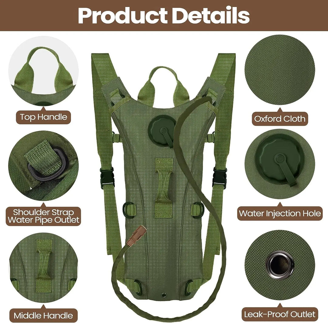 Close-up of the 3-liter water bladder inside a unisex tactical hydration pack.
