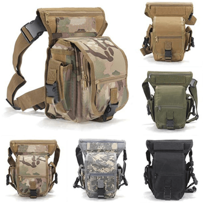 Rugged men's tactical leg bag with multiple water-resistant pockets for hiking and motorcycling.