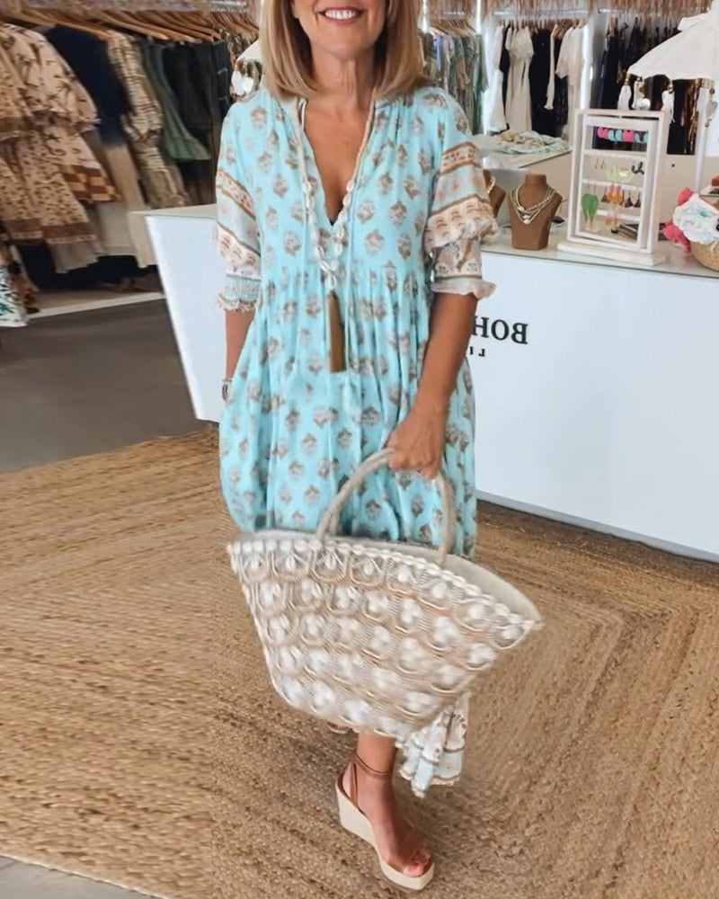 Women's boho geometric print relaxed fit maxi dress for summer.