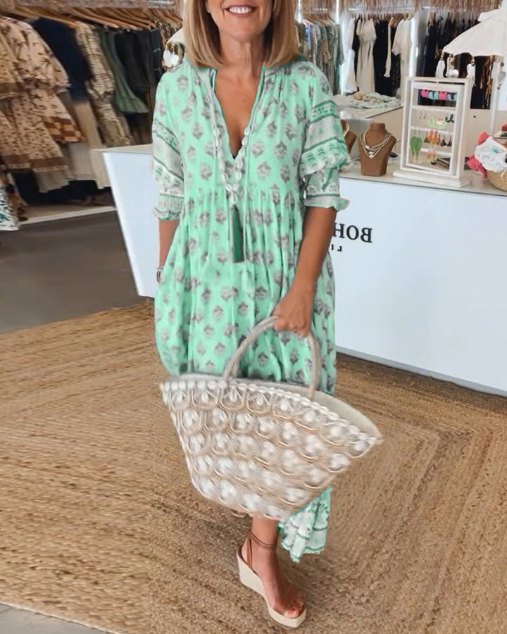 V-neck short sleeve boho print maxi dress for women, relaxed summer style.