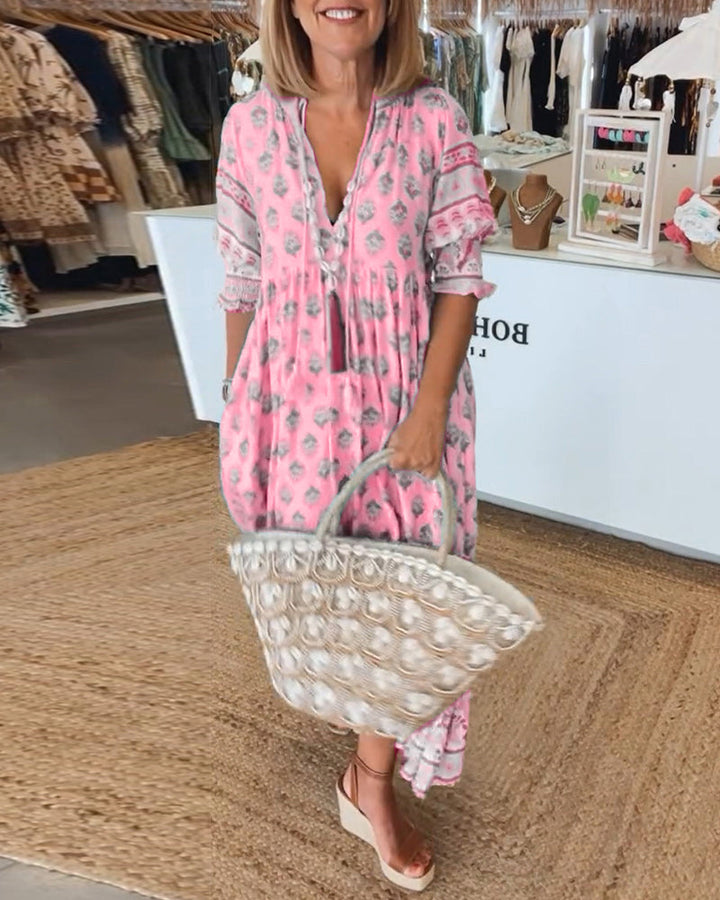 Casual geometric print boho maxi dress, perfect for women's summer vacation & beach.
