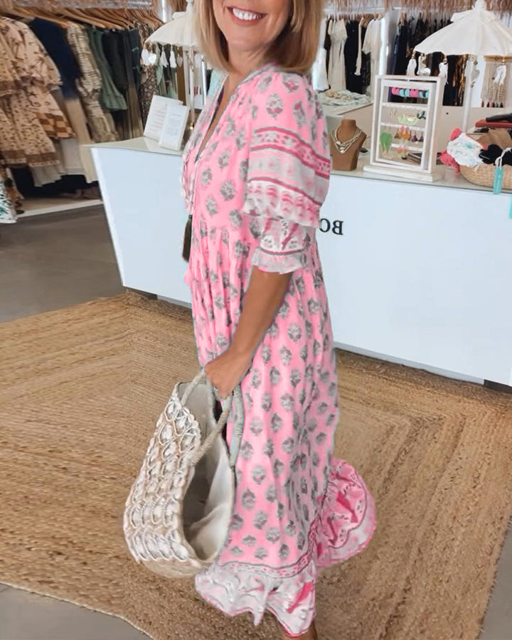 Comfortable relaxed fit women's boho geometric print maxi dress for summer casual wear.