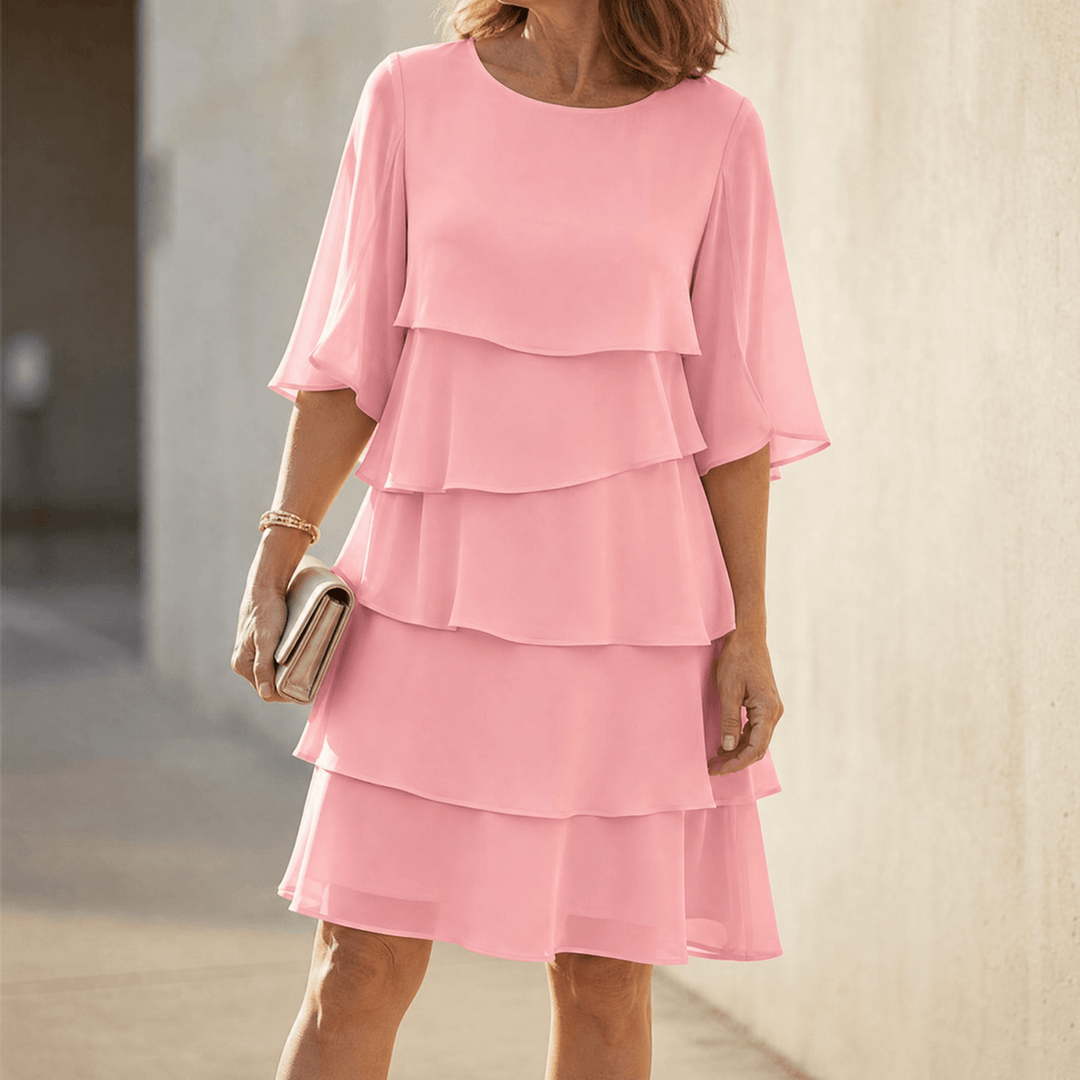 Sophisticated women's tiered ruffle midi dress, an elegant party choice.