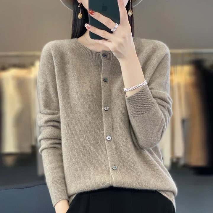 Stylish women's long sleeve button cardigan with a relaxed fit, perfect for casual elegance & layering.