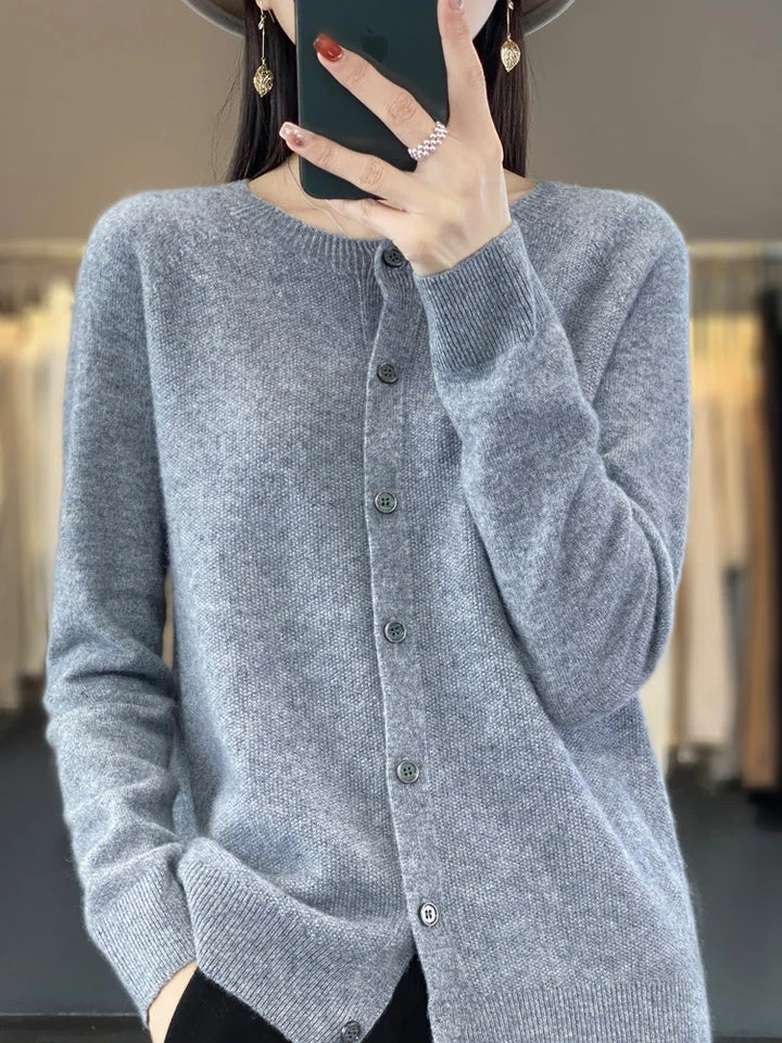 Elegant women's long sleeve button cardigan with a relaxed fit, ideal for chic casual wear & fall fashion.