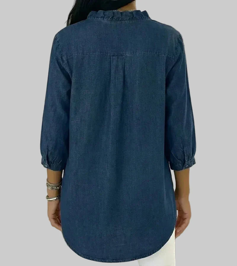 Versatile women's elegant ruffle blouse with 3/4 sleeves & a relaxed V-neck design for comfort.