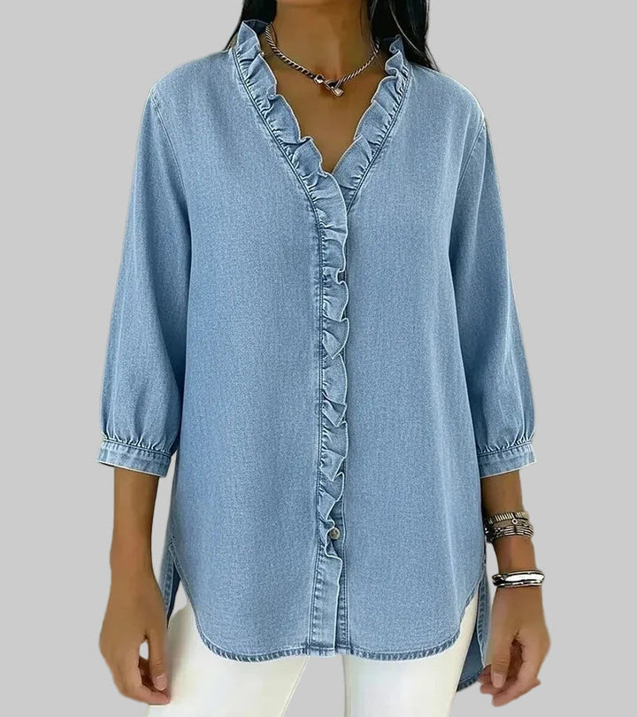 Beautiful women's V-neck blouse, an elegant ruffle top with 3/4 sleeves for effortless style.