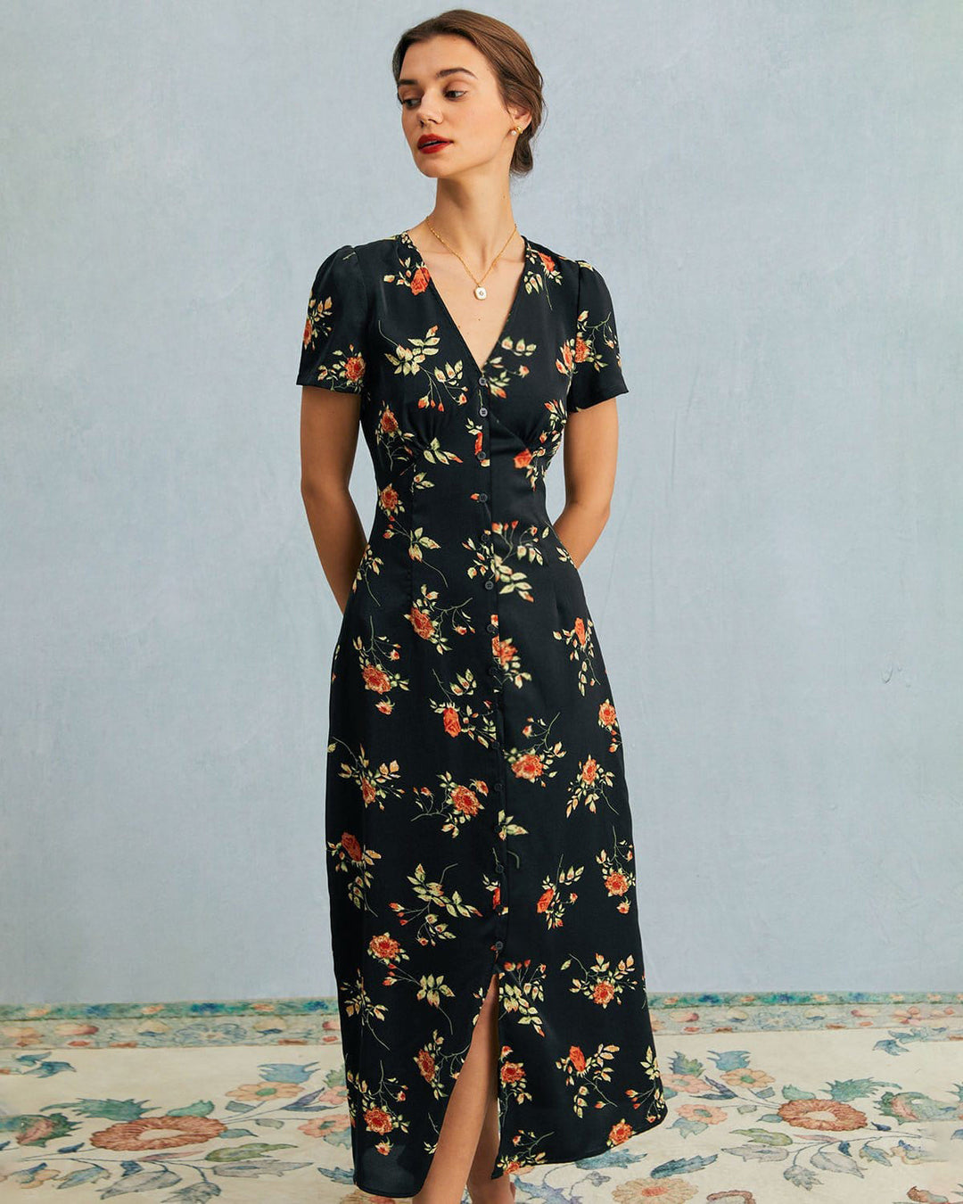 Flowy women's floral V-neck short-sleeve maxi dress. Comfortable and elegant for warm weather fashion.