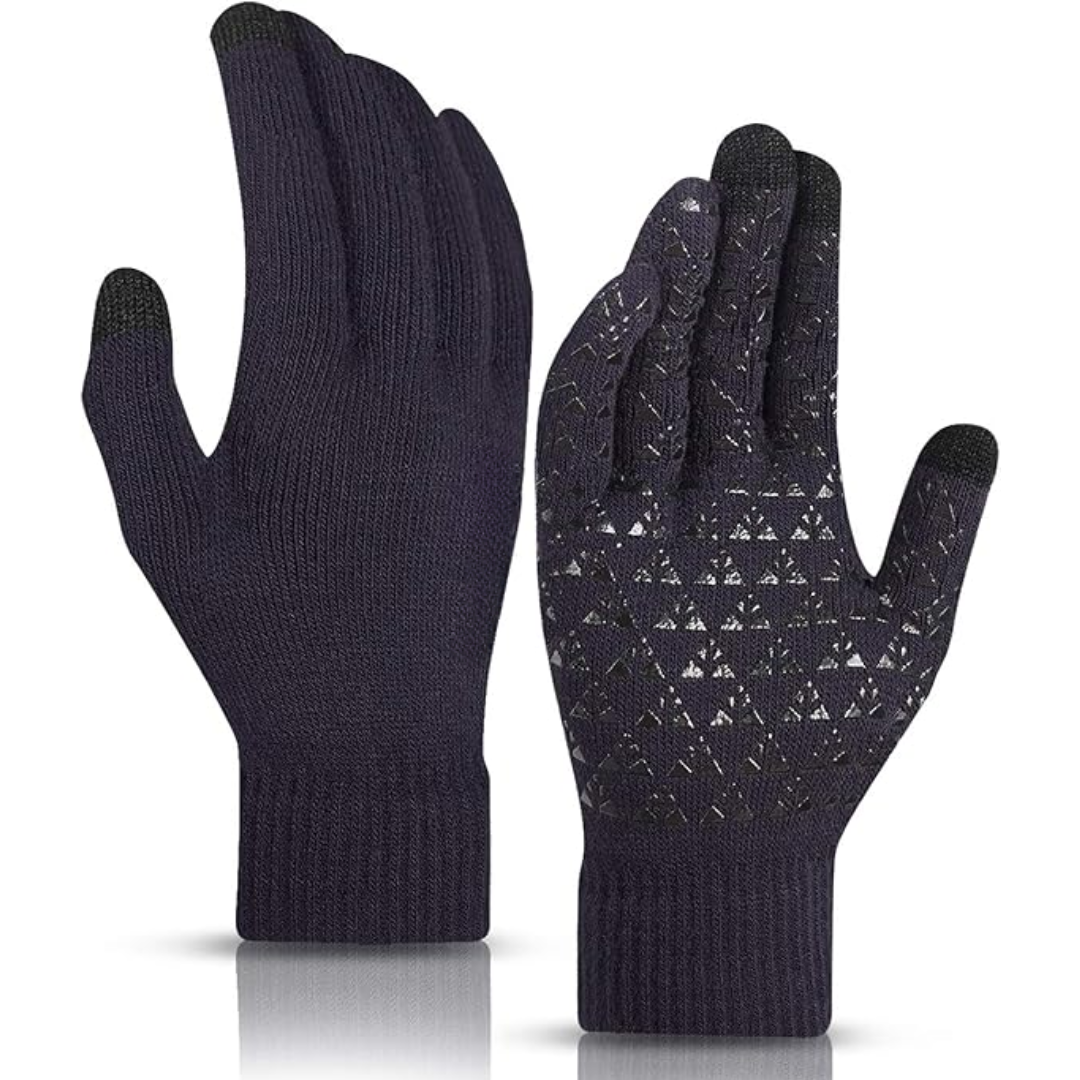 Warm Unisex Knit Gloves with touchscreen tips for smartphones. Essential cold weather accessories.