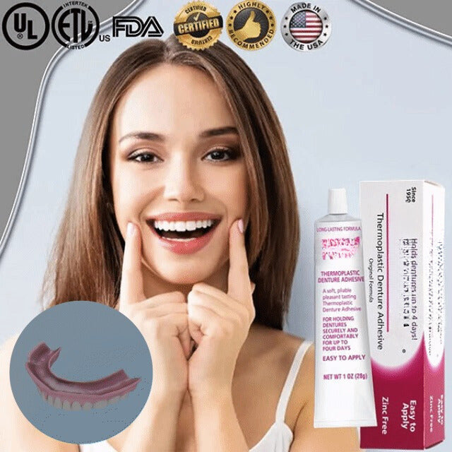 Secure thermoplastic denture adhesive for a strong, long-lasting hold and enhanced comfort.