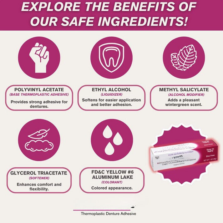 All-day secure thermoplastic denture adhesive for flexible comfort and optimal dental hold.