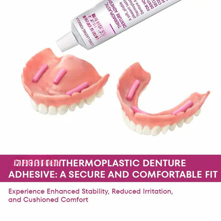 Long-lasting thermoplastic denture adhesive ensures secure fit, enhancing oral hygiene & denture comfort.