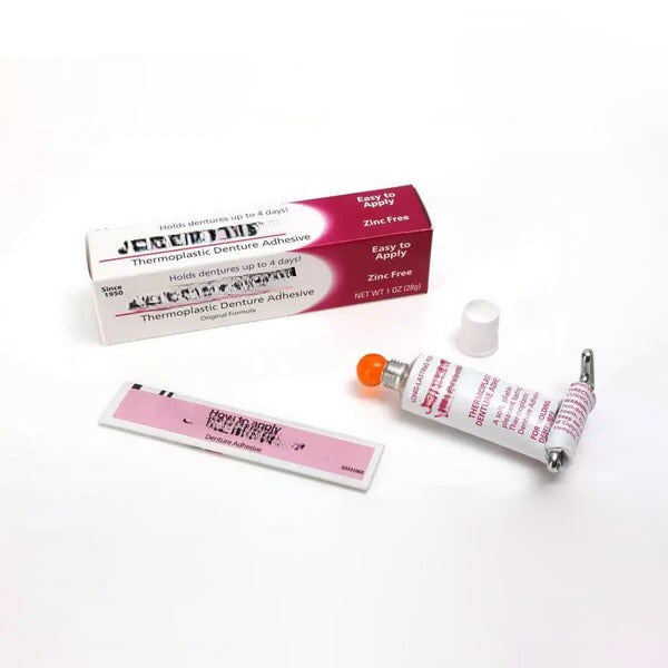Flexible thermoplastic denture adhesive for a secure hold, perfect for comfortable daily denture wear.