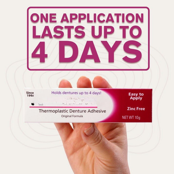 Reliable thermoplastic denture adhesive offers strong, secure hold, protecting gums & enhancing comfort.