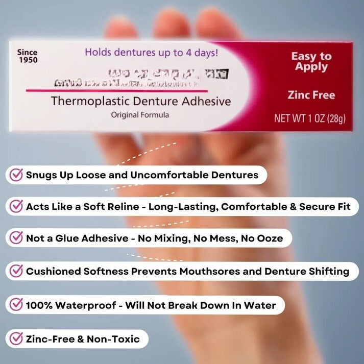 Thermoplastic denture adhesive supports gum health and offers superior comfort with its strong hold.